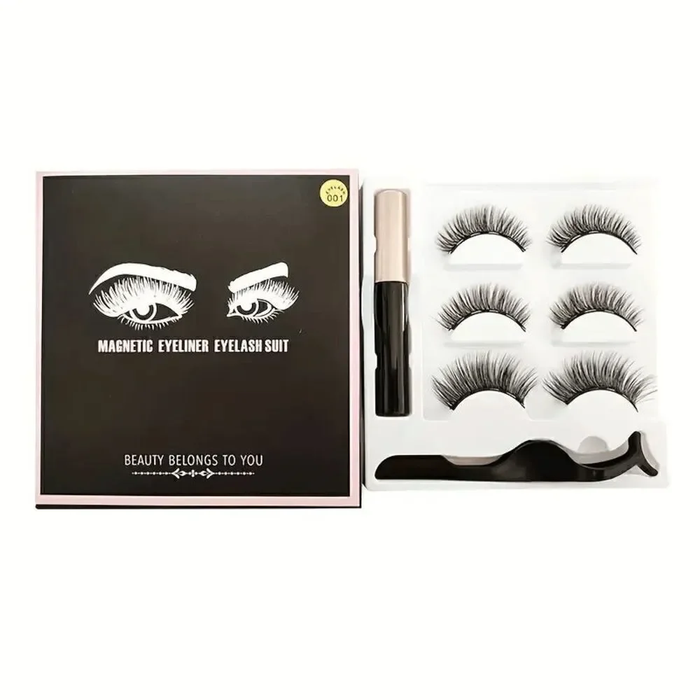 Magnetic Reusable False Eyelashes With Eyeliner And Tweezers - 3 Pairs